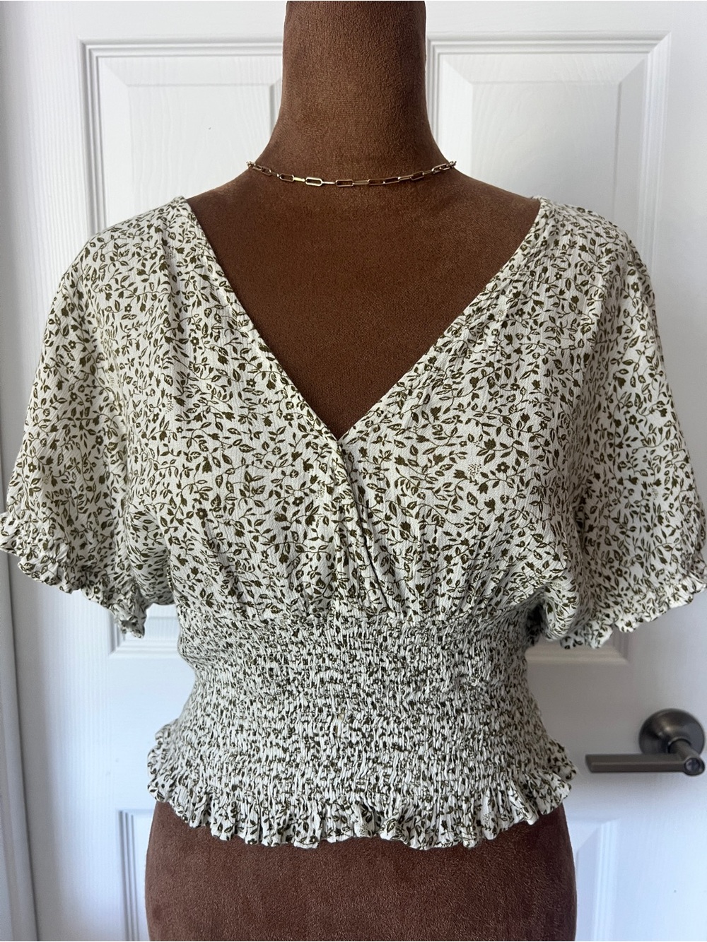 Paper Crane Cream Crop Top with Olive Green Leaf Print